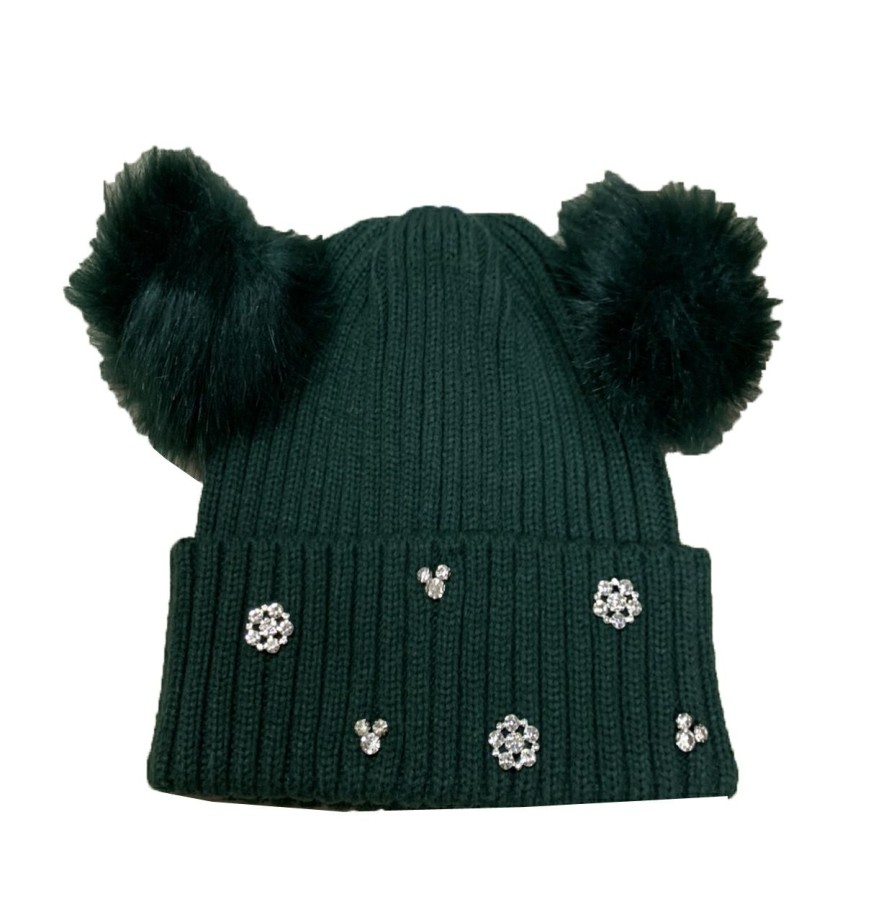 Apparel * | Disney Knit Hat Minnie Pom Poms Mickey & Snowflakes Green Cheaper